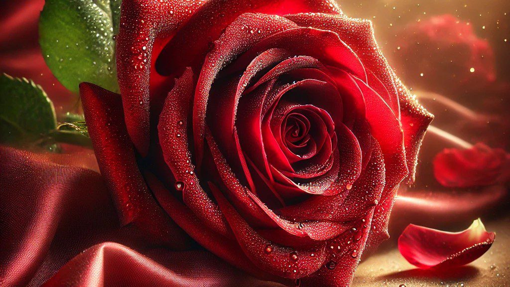 DALL E 2025 02 03 16 37 53 A beautiful deep red rose in full bloom symbolizing love and passion resting on an elegant red silk fabric with soft folds The petals are velvety